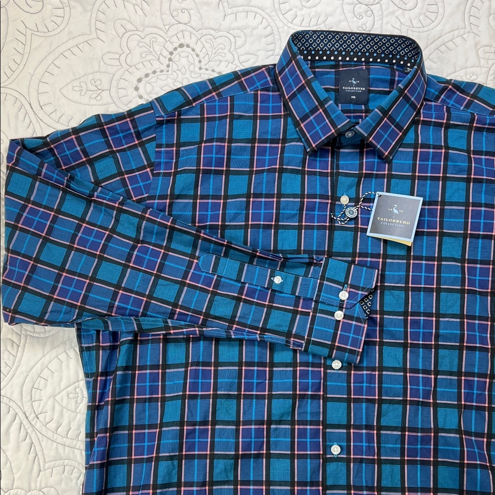 Tailorbyrd NWT Long Sleeve Button Down Teal Plaid Shirt - Men’s Top XXL